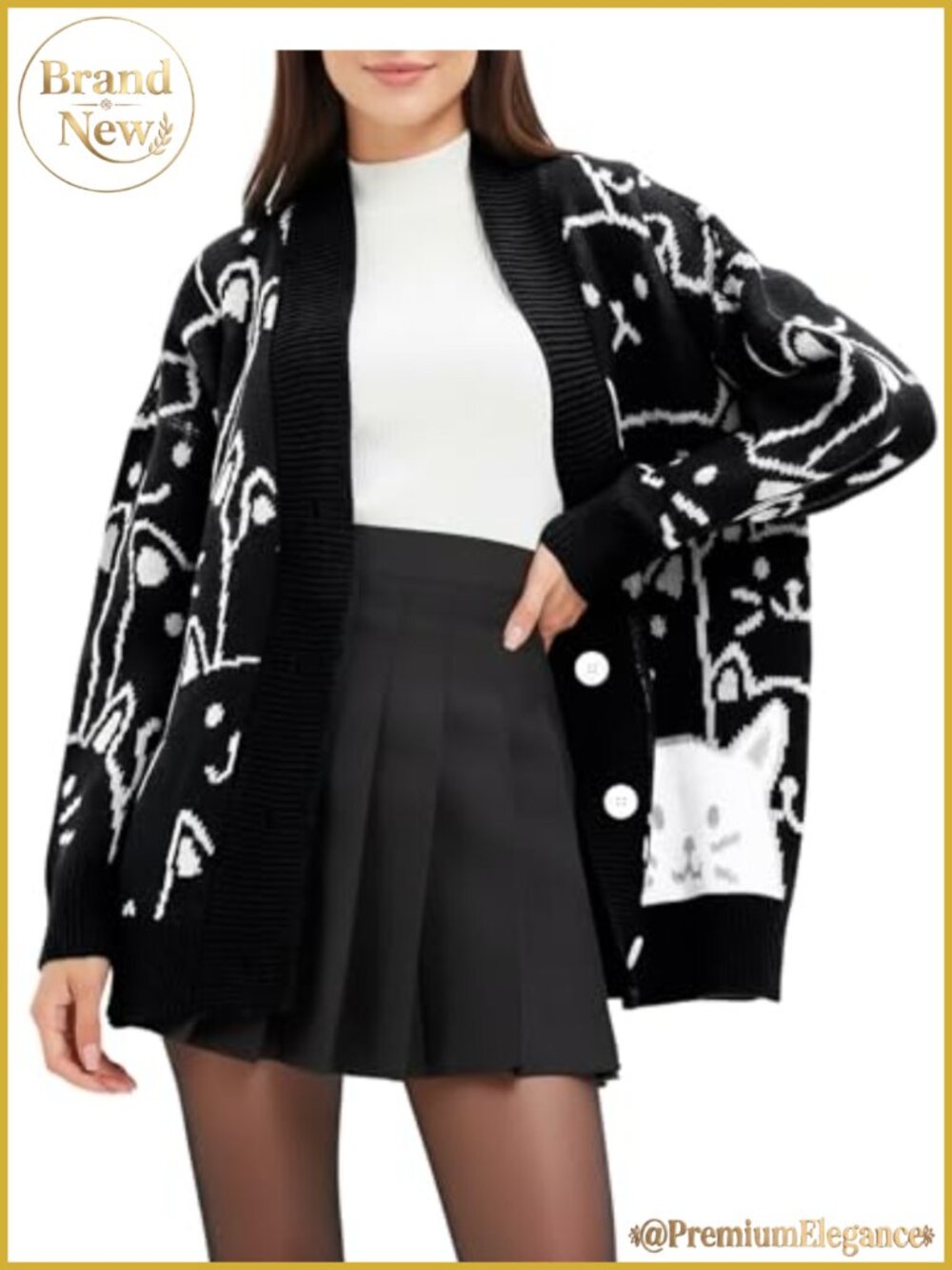 Cat Print Oversized Cardigan Knit Open Front Kawaii Women's Sweater
